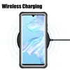 A smartphone case is shown on a wireless charging pad, with concentric circles indicating the wireless charging field. Produktbild-Vorschau