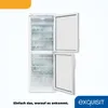 An open white refrigerator with glass shelves filled with glasses, against a white background with an orange overlay in the top left corner and a logo in the bottom right corner. Produktbild-Vorschau