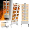 Multiple views of a wooden salmon grilling board with stainless steel holders, one showing flames in the background. Voir les images du produit
