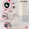 A wooden post with a metal base is shown in the ground, surrounded by gravel. Icons and text highlight product features. Anteprima dell’immagine prodotto