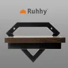 A product shot of a wall shelf with a wooden surface and black metal frame, set against a plain gray background. The brand logo 'Ruhhy' is visible in the top left corner. Produktbild-Vorschau