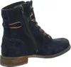 A side view of a single navy blue suede boot with brown laces and a brown sole. Podgląd zdjęcia produktu