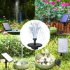 A collage of four images showing solar-powered fountains in garden settings, with a central close-up of a fountain head. Produktbild-Vorschau