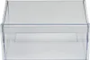 A clear, front-facing studio shot of a transparent plastic refrigerator drawer. Produktbild-Vorschau