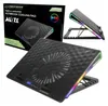 A collage of images showing a black laptop cooling pad with RGB lighting, including its packaging. Podgląd zdjęcia produktu