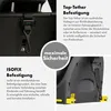A collage of images showing details of a car seat's safety features, specifically ISOFIX and Top Tether attachments, along with descriptive text. Produktbild-Vorschau