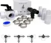 A collection of plumbing bypass set components, including a ball valve, T-fittings, hose clamps, and Teflon tape, arranged on a white background. Diagrams illustrating flow control are shown at the bottom. Produktbild-Vorschau