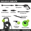 A collage of accessories and parts for a pressure washer, with labels in German. Produktbild-Vorschau