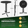 A product image showing a black bistro table with dimensions and feature callouts. Produktbild-Vorschau