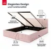 A pink upholstered bed frame with its storage compartment open, showing the metal slatted base and gas struts. Various features are highlighted with text labels and icons. Produktbild-Vorschau