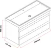 An isometric view of a white washbasin with a cabinet underneath, showing dimensions. Produktbild-Vorschau