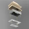 An exploded view of a kitchen range hood, showing its component parts and how they fit together. Voir les images du produit