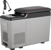 A portable car refrigerator with a black lid and red stitching, shown from a slightly elevated front-left angle. Produktbild-Vorschau