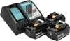 A Makita power tool charger and three batteries are displayed on a white background. Produktbild-Vorschau