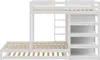 A white bunk bed with a pull-out bed and shelving unit. Produktbild-Vorschau