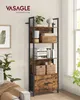 A tall, narrow bookshelf with five shelves, featuring a rustic wood finish and black metal frame, is shown in a room setting with a window and plants. Produktbild-Vorschau