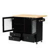 A black kitchen island with a natural wood top, shown from a slightly elevated side angle against a white background. The island has open doors and drawers, revealing storage compartments, a wine glass rack, and a paper towel holder. Podgląd zdjęcia produktu