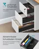 A white filing cabinet with three open drawers, showing storage organization and a removable drawer insert with dimensions. Produktbild-Vorschau
