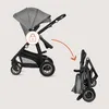A stroller shown in its unfolded and folded states, with an icon indicating a locking mechanism. Produktbild-Vorschau