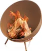 A round, rusty-looking fire pit with logs and flames inside, resting on three legs. Produktbild-Vorschau
