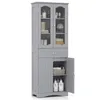 A tall, gray bathroom cabinet with glass doors and a drawer, standing against a white background. Voir les images du produit