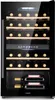 A black wine cooler with wooden shelves, filled with wine bottles. The cooler has a glass door and a digital display on the front. Produktbild-Vorschau