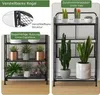 A collage of images showing a black metal plant stand with various plants on it, and close-ups of its features. Produktbild-Vorschau