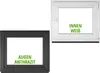 Two windows are shown side-by-side, one black and one white, with text indicating their colors. Produktbild-Vorschau