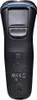 The back of a black electric shaver with blue accents. Produktbild-Vorschau