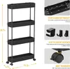 A black four-tier rolling cart is shown with dimensions and feature callouts. Produktbild-Vorschau