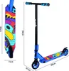 A blue trick scooter with a colorful graphic design on the deck and handlebars, shown against a white background. Dimensions are indicated with measurement lines. Náhľad obrázku produktu