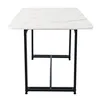 A rectangular table with a white marble-like top and black metal legs, shown from a side view against a white background. Produktbild-Vorschau