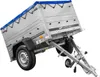 A silver utility trailer with a blue tarp cover, shown at an angle against a white background. Produktbild-Vorschau
