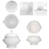 A collage of images showing different views and details of a white ceramic tureen set. Produktbild-Vorschau