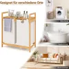 A collage showing a bamboo laundry basket with two compartments and a shelf, along with lifestyle images of its use in a laundry room, bathroom, and living room. Anteprima dell’immagine prodotto
