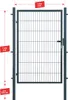 A dark gray metal garden gate is shown with measurement indicators. Produktbild-Vorschau