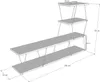 A 3D rendering of a multi-tiered TV stand with dimensions indicated. Produktbild-Vorschau