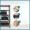 A metal storage shelf with black kettlebells on it, next to a wall with close-up diagrams of shelf components. Podgląd zdjęcia produktu