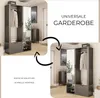 A collage of images showing a graphite-colored wardrobe with a mirror, shelves, and a hanging rod, presented in different orientations and with overlaid text. Voir les images du produit