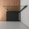 A top-down view of a modern shower enclosure with a black base and glass panels, set against a wooden wall and white tiled wall. Produktbild-Vorschau