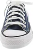 A close-up, front-facing view of a pair of navy blue Converse All Star low-top sneakers with white laces and a white rubber toe cap and sole. Produktbild-Vorschau