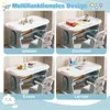 A collage of four images showing a children's desk and chair set in different configurations and uses: playing, drawing, eating, and learning. Produktbild-Vorschau