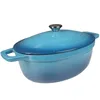 A blue oval cast iron Dutch oven with a lid, shown against a white background. Produktbild-Vorschau
