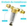 An exploded view of a water filter with labels indicating connection types. Produktbild-Vorschau