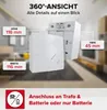 A 360-degree view of a white electronic device, possibly a doorbell or alarm sensor, with dimensions and connection options highlighted. Produktbild-Vorschau