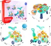 A collage of images showing a multifunctional baby walker and its components, along with packaging and dimensions. Podgląd zdjęcia produktu