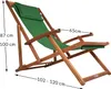 A green deck chair with wooden frame, shown with dimensions indicated by measurement lines and text. Anteprima dell’immagine prodotto