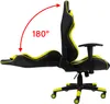 A gaming chair is shown in a reclined position to demonstrate its recline feature. Produktbild-Vorschau