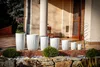 A collection of white planters of varying sizes arranged on a patio in front of a building. Anteprima dell’immagine prodotto