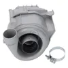 A light gray plastic dishwasher drain pump with a metal clamp next to it. Produktbild-Vorschau